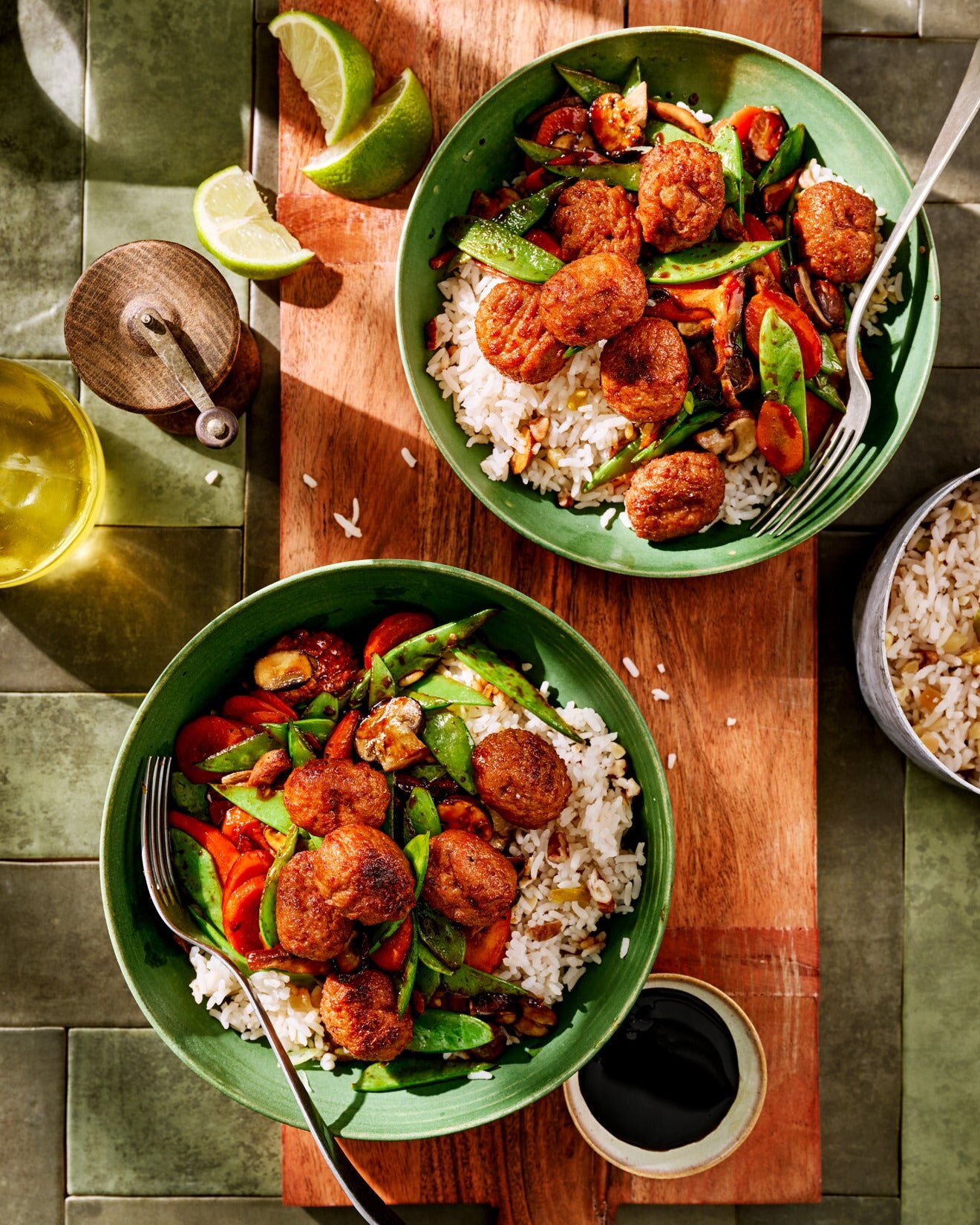 Quick Nut Rice Stir-Fry Bowl with Vegan Balls